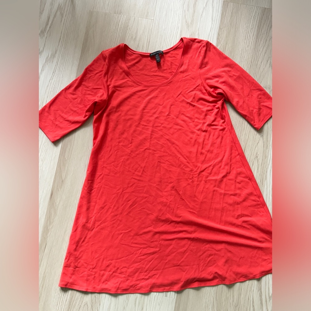 Eileen Fisher tunic top stretch viscose coral pink scoop neck 3/4 elbow sleeve
